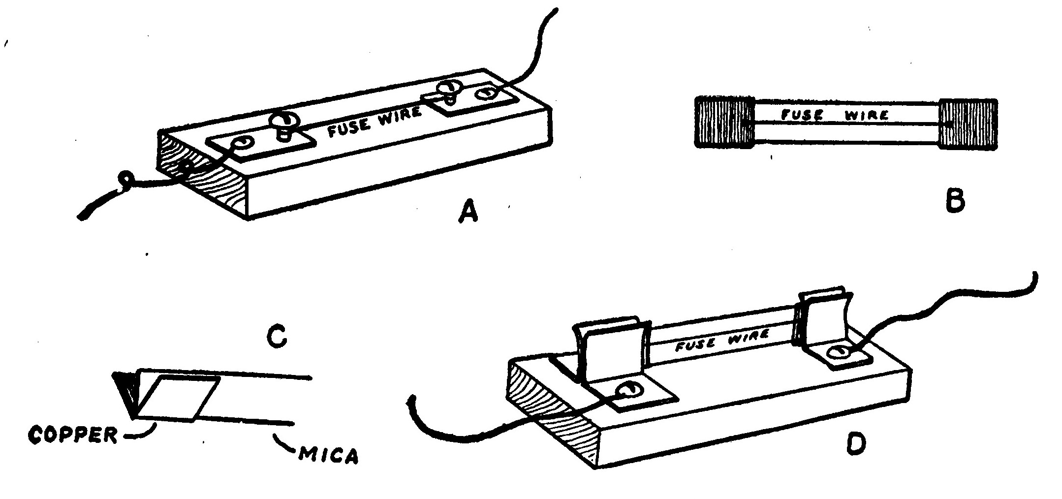 Fig. 98.—Simple Fuses. *A*, Fuse-Block with plain Wire Fuse. *D*, Fuse-Block with Mica Fuse in position.