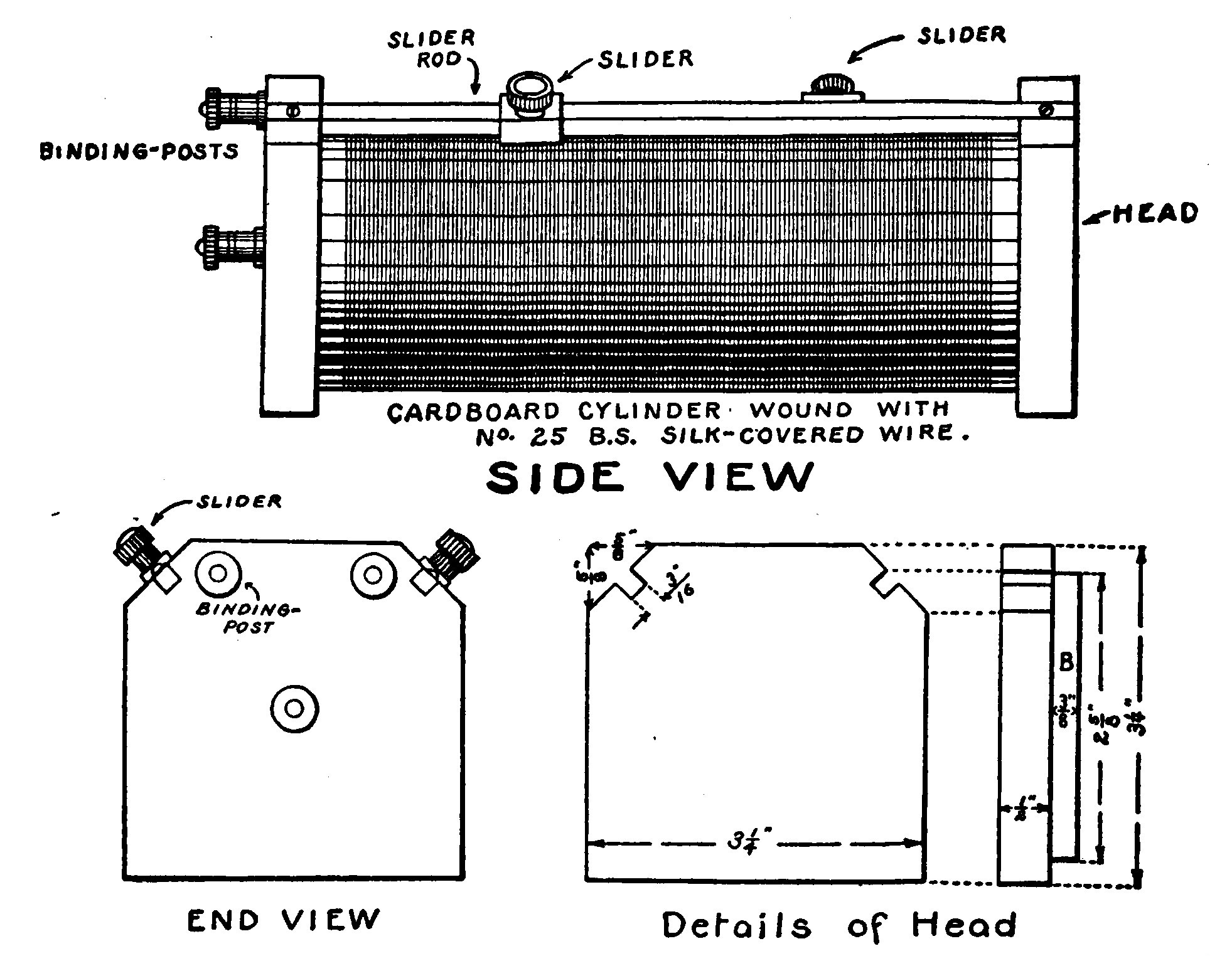 Fig. 202.—Side and End Views of the Tuning Coil.