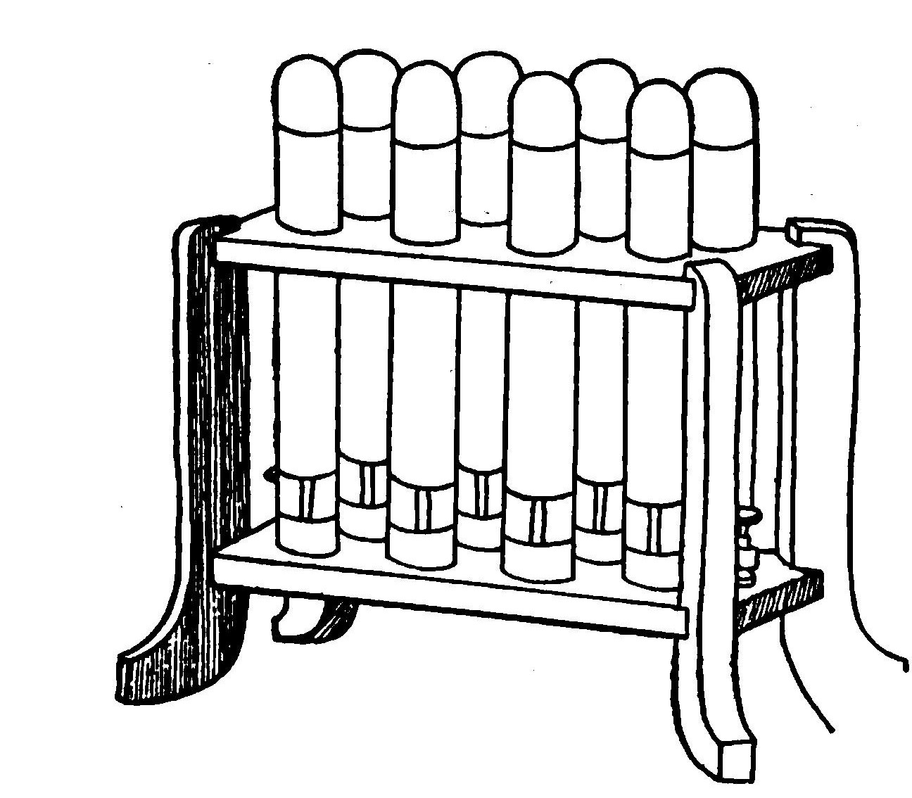 Fig. 225.—Eight Test-Tube Leyden Jars mounted in a Wooden Rack.